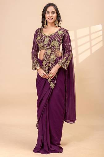 Dark Plum Color Embroidered,Thread & Beads Work Work Faux Georgette Ready To Wear Saree