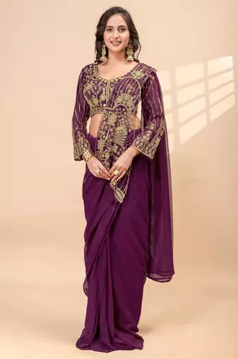 Dark Plum Color Embroidered,Thread & Beads Work Work Faux Georgette Ready To Wear Saree