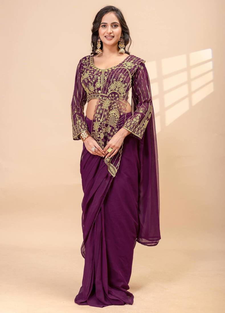 Dark Plum Color Embroidered,Thread & Beads Work Work Faux Georgette Ready To Wear Saree