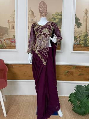 dark plum embroidered,thread & beads work work faux georgette pre draped saree 3