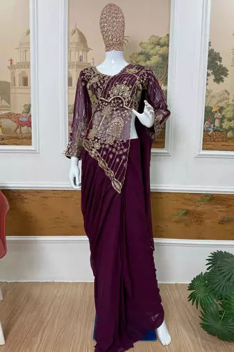 dark plum embroidered,thread & beads work work faux georgette pre draped saree