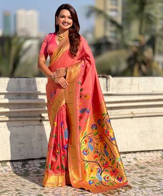 Pink with multicolor accents  woven zari floral & peacock motifs  silk blend   3