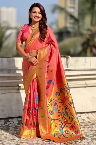 Pink with multicolor accents  woven zari floral & peacock motifs  silk blend  