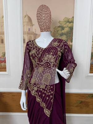 dark plum embroidered,thread & beads work work faux georgette pre draped saree 4