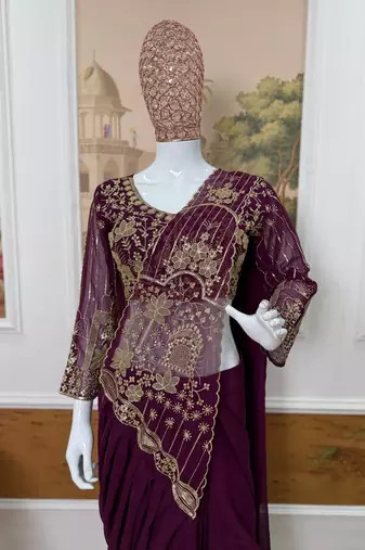 dark plum embroidered,thread & beads work work faux georgette pre draped saree