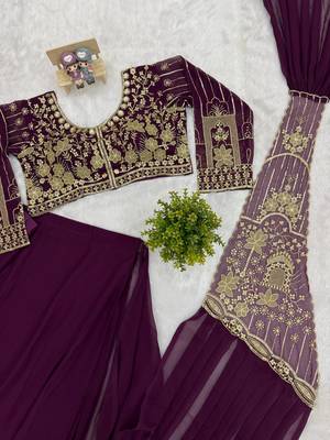 dark plum embroidered,thread & beads work work faux georgette pre draped saree 5