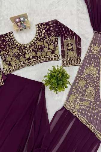 dark plum embroidered,thread & beads work work faux georgette pre draped saree