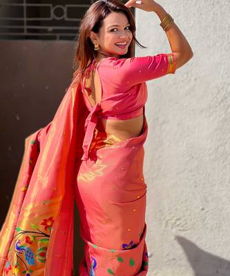 Pink with multicolor accents  woven zari floral & peacock motifs  silk blend   4