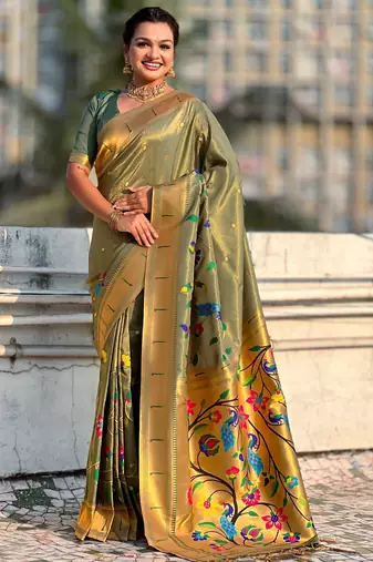 Olive with multicolor accents  woven zari floral & peacock motifs  silk blend  