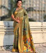 Olive with multicolor accents  woven zari floral & peacock motifs  silk blend  
