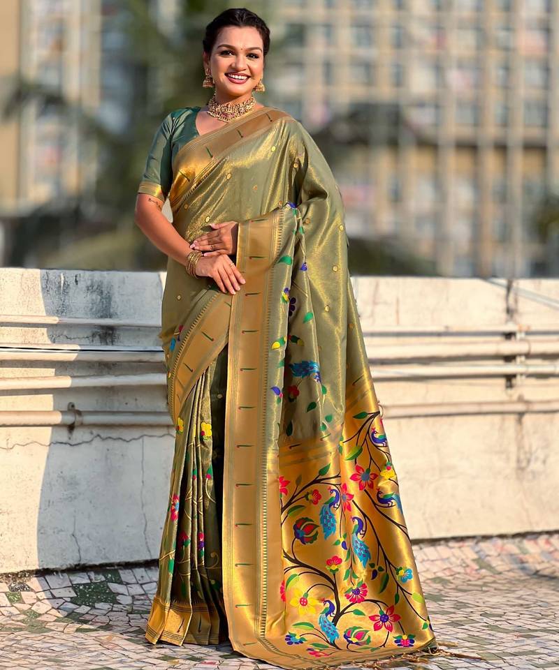 Olive with multicolor accents  woven zari floral & peacock motifs  silk blend  