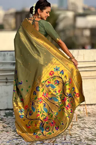 Olive with multicolor accents  woven zari floral & peacock motifs  silk blend  
