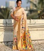 Off white with multicolor accents  woven zari floral & peacock motifs  silk blend