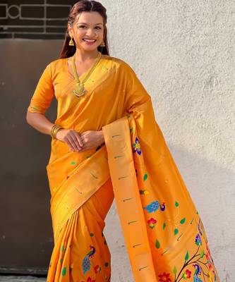 Yellow with multicolor accents  woven zari floral & peacock motifs  silk blend   5