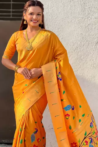 Yellow with multicolor accents  woven zari floral & peacock motifs  silk blend  