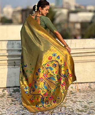 Olive with multicolor accents  woven zari floral & peacock motifs  silk blend   3