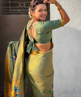 Olive with multicolor accents  woven zari floral & peacock motifs  silk blend   4