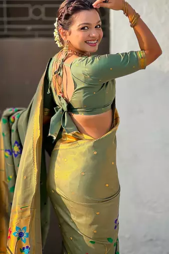 Olive with multicolor accents  woven zari floral & peacock motifs  silk blend  