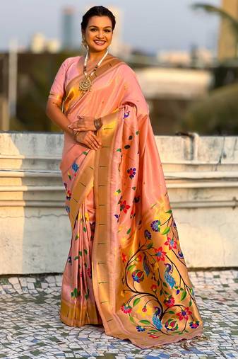Peach with multicolor accents  woven zari floral & peacock motifs  silk blend  