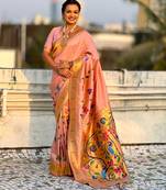 Peach with multicolor accents  woven zari floral & peacock motifs  silk blend  