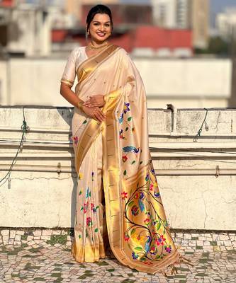 Off white with multicolor accents  woven zari floral & peacock motifs  silk blend 3