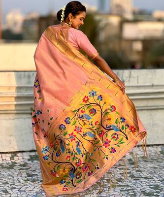Peach with multicolor accents  woven zari floral & peacock motifs  silk blend   2