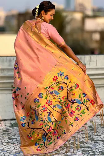 Peach with multicolor accents  woven zari floral & peacock motifs  silk blend  