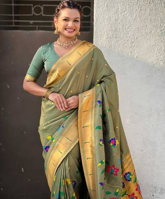 Olive with multicolor accents  woven zari floral & peacock motifs  silk blend   5
