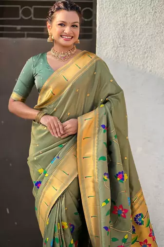 Olive with multicolor accents  woven zari floral & peacock motifs  silk blend  