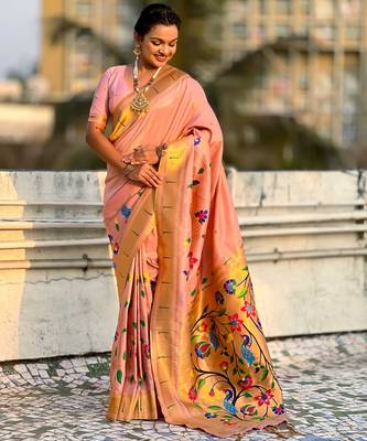 Peach with multicolor accents  woven zari floral & peacock motifs  silk blend   3