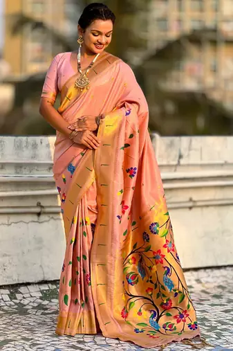 Peach with multicolor accents  woven zari floral & peacock motifs  silk blend  