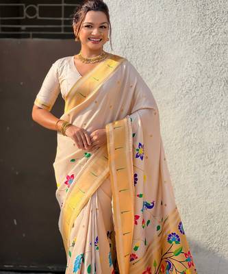 Off white with multicolor accents  woven zari floral & peacock motifs  silk blend 5