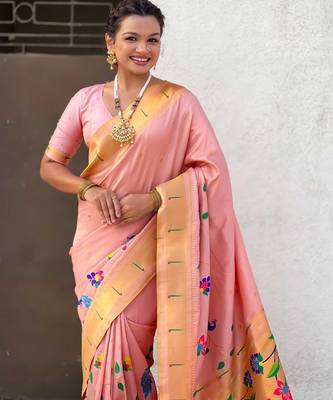 Peach with multicolor accents  woven zari floral & peacock motifs  silk blend   5