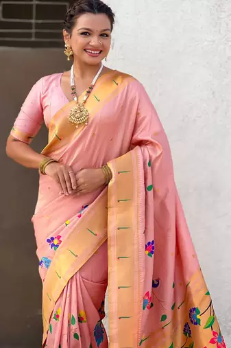 Peach with multicolor accents  woven zari floral & peacock motifs  silk blend  