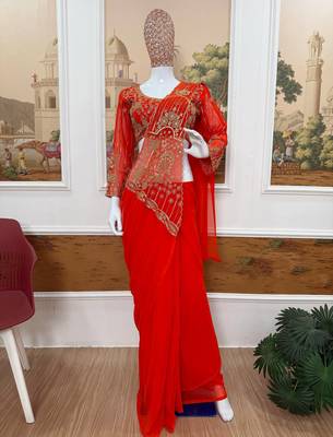 orange embroidered,thread & beads work work faux georgette ready made saree 3