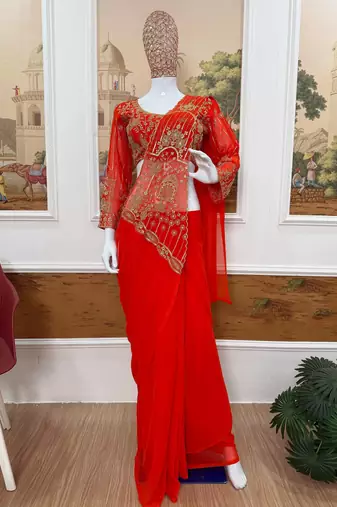 orange embroidered,thread & beads work work faux georgette ready made saree