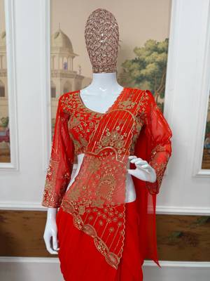 orange embroidered,thread & beads work work faux georgette ready made saree 4