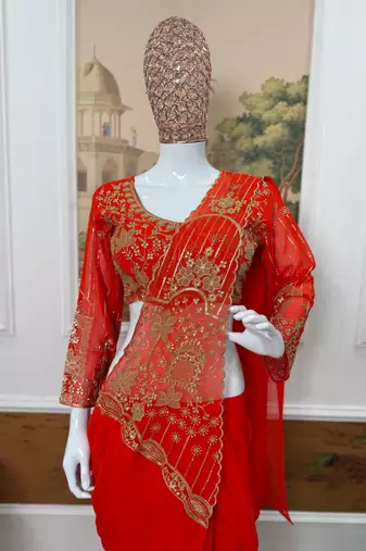 orange embroidered,thread & beads work work faux georgette ready made saree