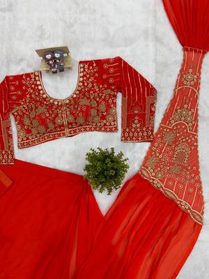 orange embroidered,thread & beads work work faux georgette ready made saree 5