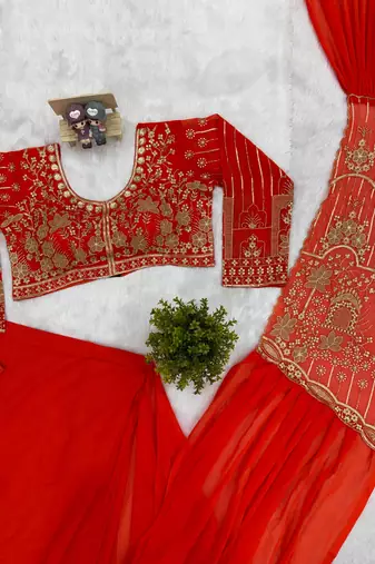orange embroidered,thread & beads work work faux georgette ready made saree