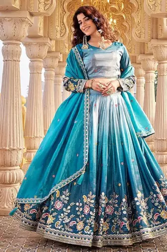 Blue Color Embroidery Sequence & Thred Work  Silk Lahenga Choli Set