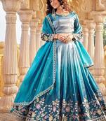Blue Color Embroidery Sequence & Thred Work  Silk Lahenga Choli Set