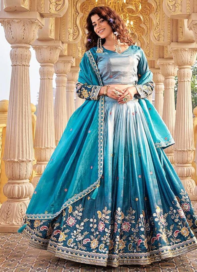 Blue Color Embroidery Sequence & Thred Work  Silk Lahenga Choli Set