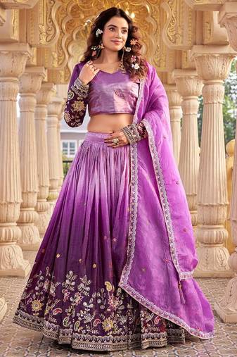 Lavender Color Embroidery Sequence & Thred Work  Silk Lahenga Choli Set