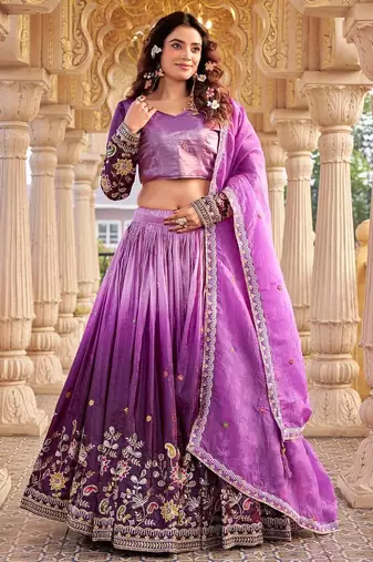 Lavender Color Embroidery Sequence & Thred Work  Silk Lahenga Choli Set