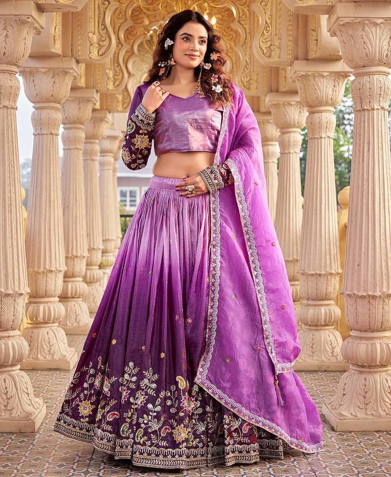 Lavender Color Embroidery Sequence & Thred Work  Silk Lahenga Choli Set