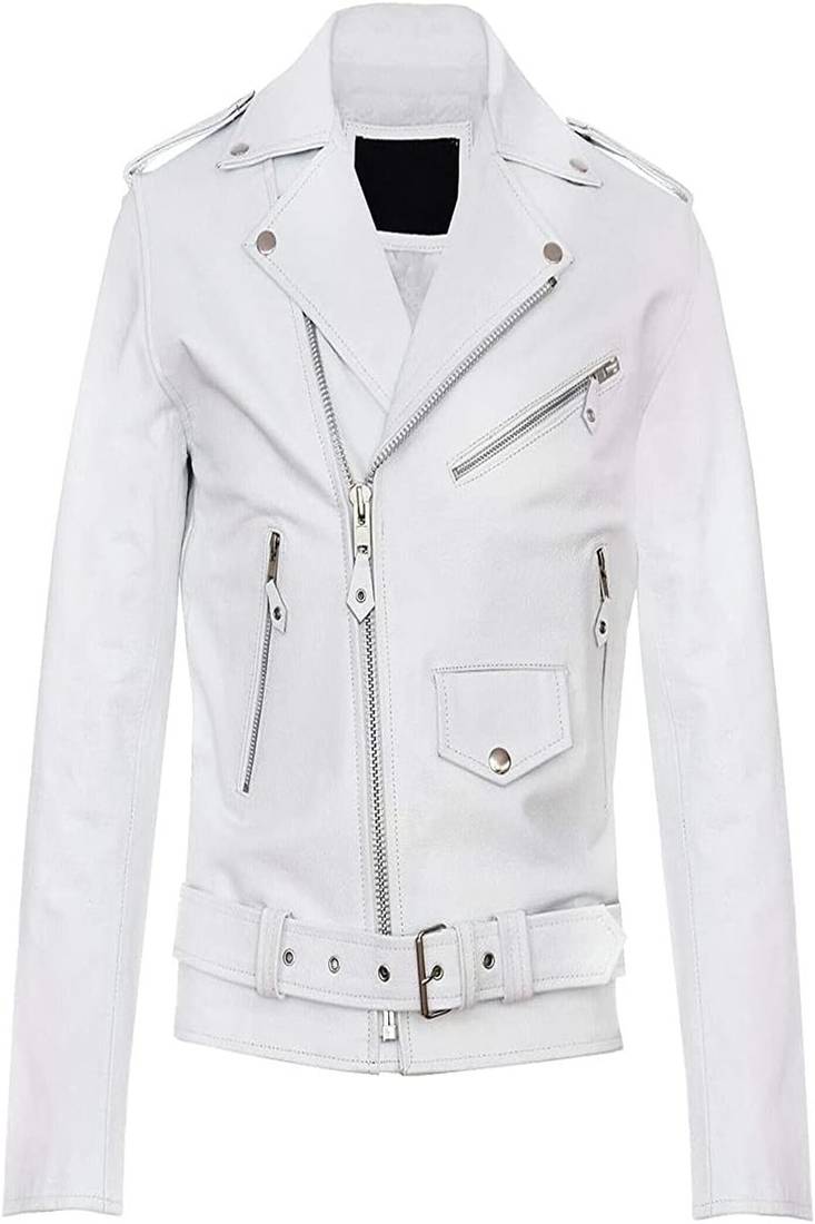 Qawach men's white pure genuine leather jacket lambskin vintage motorcycle biker
