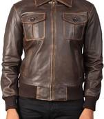 Qawach men's brown genuine leather jacket vintage bomber motorcycle jacket