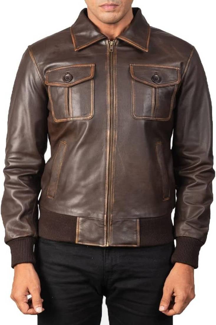Qawach men's brown genuine leather jacket vintage bomber motorcycle jacket