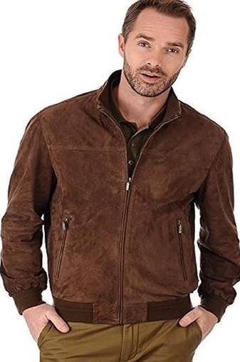 Qawach men's brown genuine leather jacket vintage bomber suede jacket